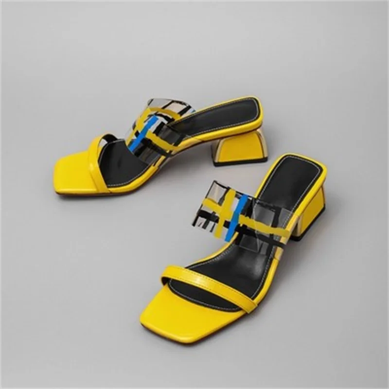 

Women's Versatile Thick Heel Sandals 2023 Summer New Color Blocking Open Toe Word Belt Korean Casual Style Fashion Sandals