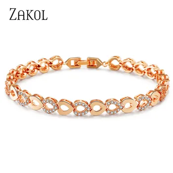 

ZAKOL Exquisite Rose Gold Color Heart Chain Link Bracelet Bangle for Women Shining AAA Cubic Zircon Crystal Jewelry FSBP2022