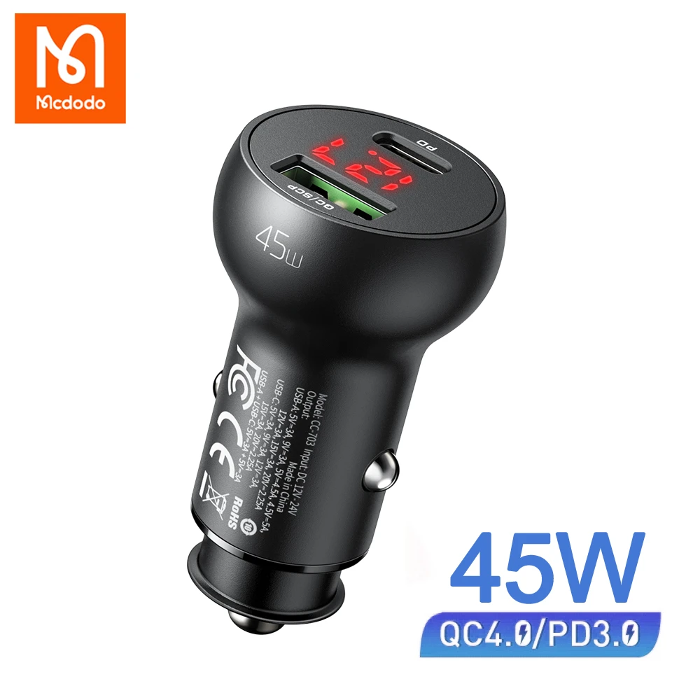 Mcdodo Metal Dual USB Fast Car Charger 45W PD Auto Cigarette Lighter Charging LED Truck Type C Adapter For iPhone Huawei Samsung usb c to usb c car charger