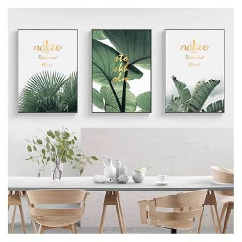 

Green Banana Leaves Plants Poster Golden Letters Photo Wall Sofa Background Wall Art Hanging Paintings Living Room Home Decor