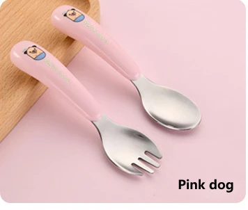 Pink dog 2 шт./компл. Детская безопасность 304 Нержавеющая сталь вилка набор ложка и вилка для кормления посуда с пыленепроницаемым ящик для хранения - Цвет: Pink dog
