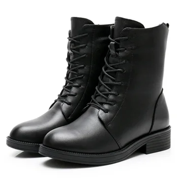 

2019 autumn and winter new women's military boots British leather thick with thick boots with side zipper boots