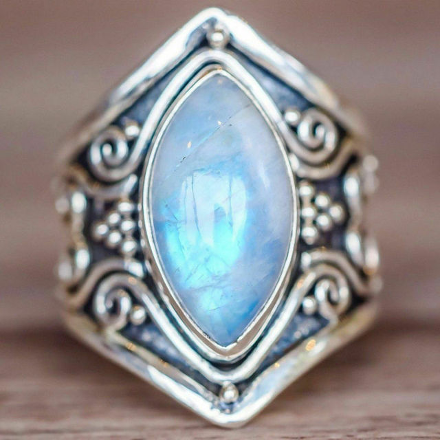 Vintage Big Width Moonstone Rings for Women Retro Two-color Handmade Carved Leaf Pattern Ring Statement Female Jewelry