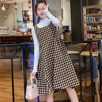 

Vestido 2 Piece Materity Dress Elegant Korean Version Of Pregnant Women Strap Plaid Skirt + Sweater Two-piece Maternity Dresses