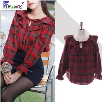 

Cute Sweet Tops Design Women Flare Sleeve Casual Loose Korean Japanese Preppy Style Red Plaid Top Blouse Off Shoulder 2209