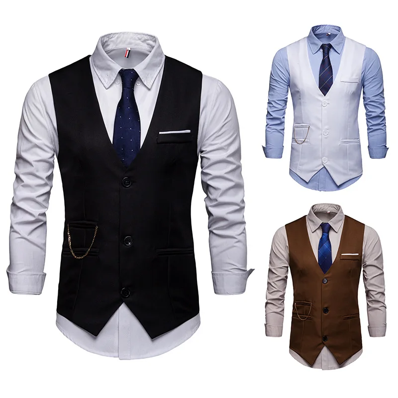 Spring And Autumn New Style Fashion Solid Color Pocket Joint Slim Fit Ouma V-neck Men Waistcoat M54