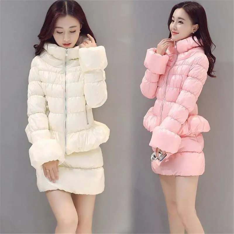 Женское зимнее модное пальто, комплект из двух предметов, пуховик, парка и стеганая короткая юбка, костюм, женский хлопчатобумажный дутый костюм K332