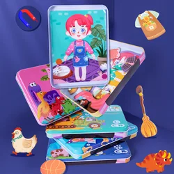 Cena magnética de madeira mudando estanho caixa animais/dinossauros puzzle brinquedo montessori educação infantil brinquedo para crianças