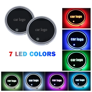 

2Pcs LED Car Logo Cup Holder Pads 7 Colors Changing USB Charging Mats Bottle Coasters Car Atmosphere Lamps