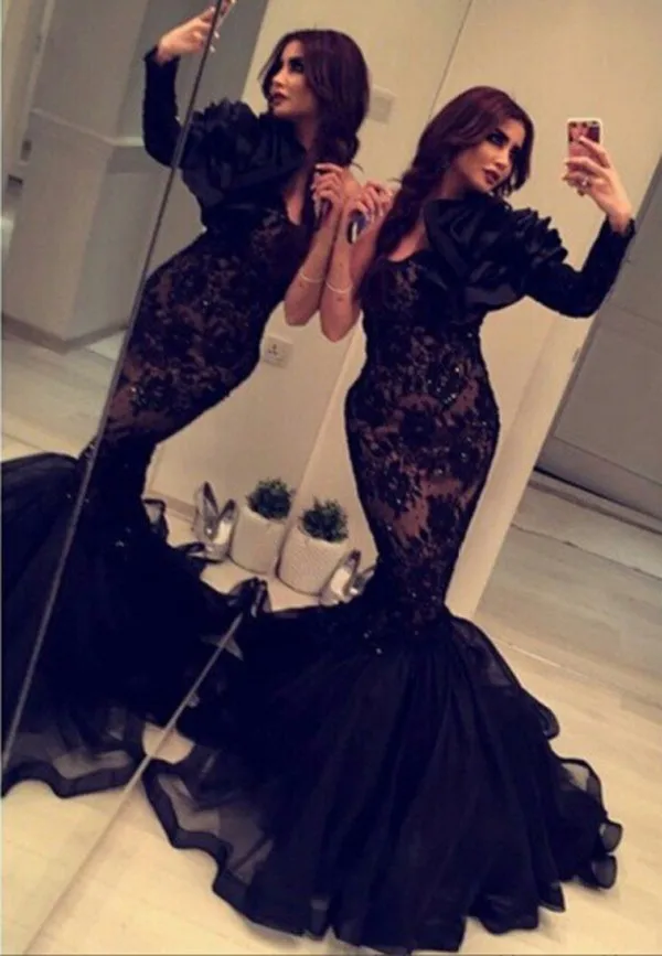 

Arabian Design vestido Black One Shoulder Flower Long Sleeve Lace Mermaid Ruffled Prom gown 2018 Mother of the Bride Dresses