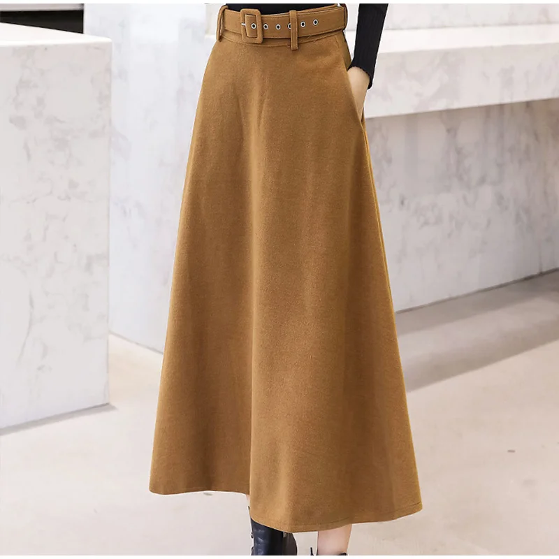 Autumn Winter Women's Woolen Maxi Skirts With Belt Pockets Vintage Wool Skirt Ladies Fashion Casual Khaki Streetwear Female