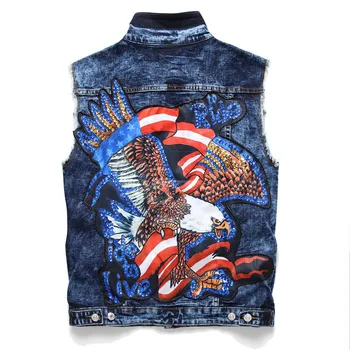 

Fashion Eagle Patch Punk Denim Vest Mens Skull Motorcycle Biker Sleeveless Jacket With Fashion Multi Badge Embroidery Patch