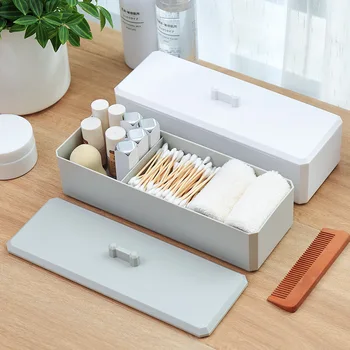 

Three Grids Storage Box with Cover Dust-proof Cosmetic Storage Box Dressing Table Sundries Finisher Desktop Plastic Organizer