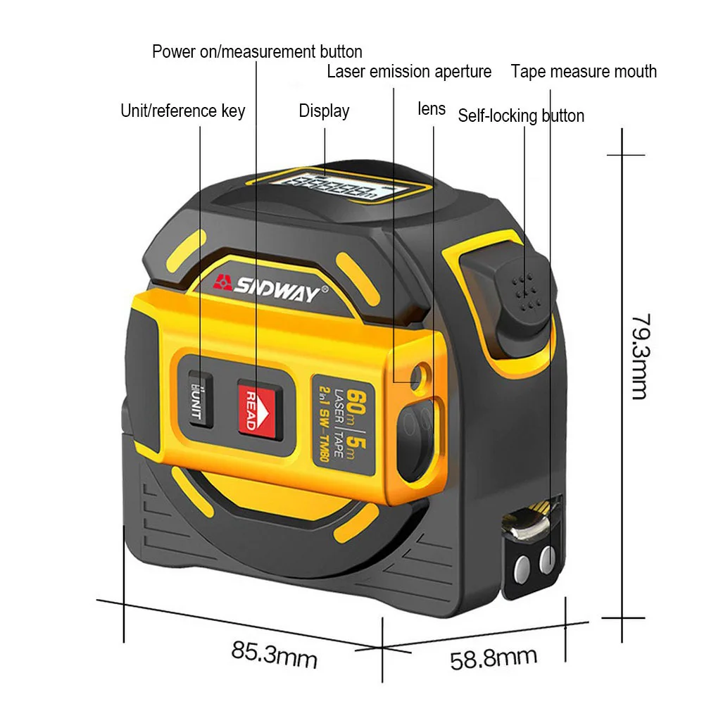 2 In 1 Laser Distance Meter Range Finder 40M 60M Laser Tape Measure Digital Retractable Laser Rangefinder Ruler Survey Tool 5m