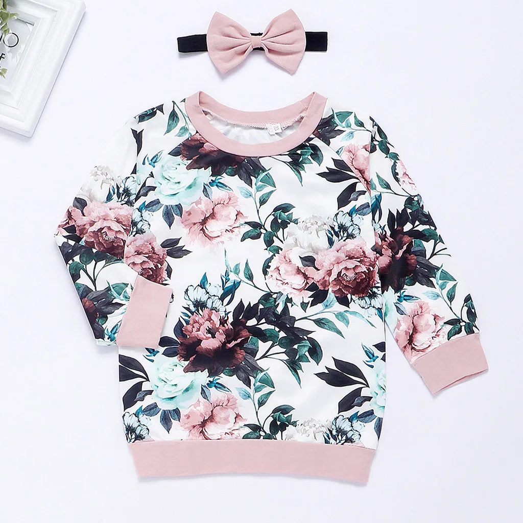 Toddler baby clothes set Winter Newborn Infant Baby Girl Flower Print long sleeve T-shirt Ruffle Pants Hairband 3pcs Outfits Set