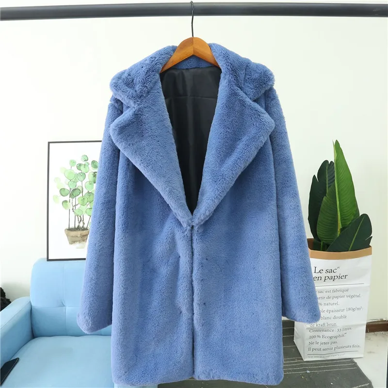Зимнее пальто из искусственного меха женское повседневное роскошное размера плюс толстое теплое длинное Свободное пальто больше размера меховые куртки Женская плюшевая одежда 4XL - Цвет: Синий