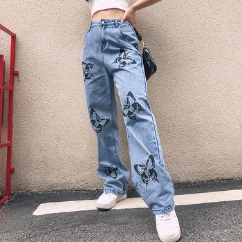 

2020 New Women's Fashion Butterfly Printted Loose Jeans Sexy High Waist Long Straight Pants Slim Baggy Trousers