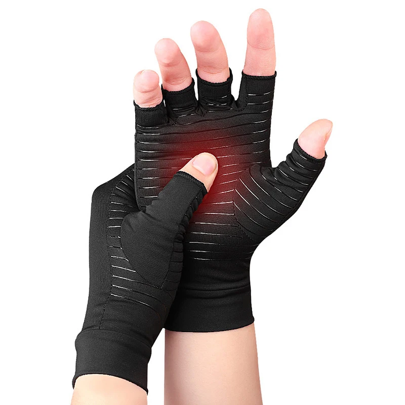 1 Pair Compression Gloves Hand Copper Arthritis Gloves Joint Pain Relief Half Finger Anti-slip Therapy Gloves For Womens Mens