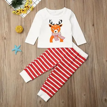 

Newborn Kid Baby Girl Christmas Xmas Elk Clothes Long Sleeve Lovely Top T-shirt Striped Pants Outfit Set
