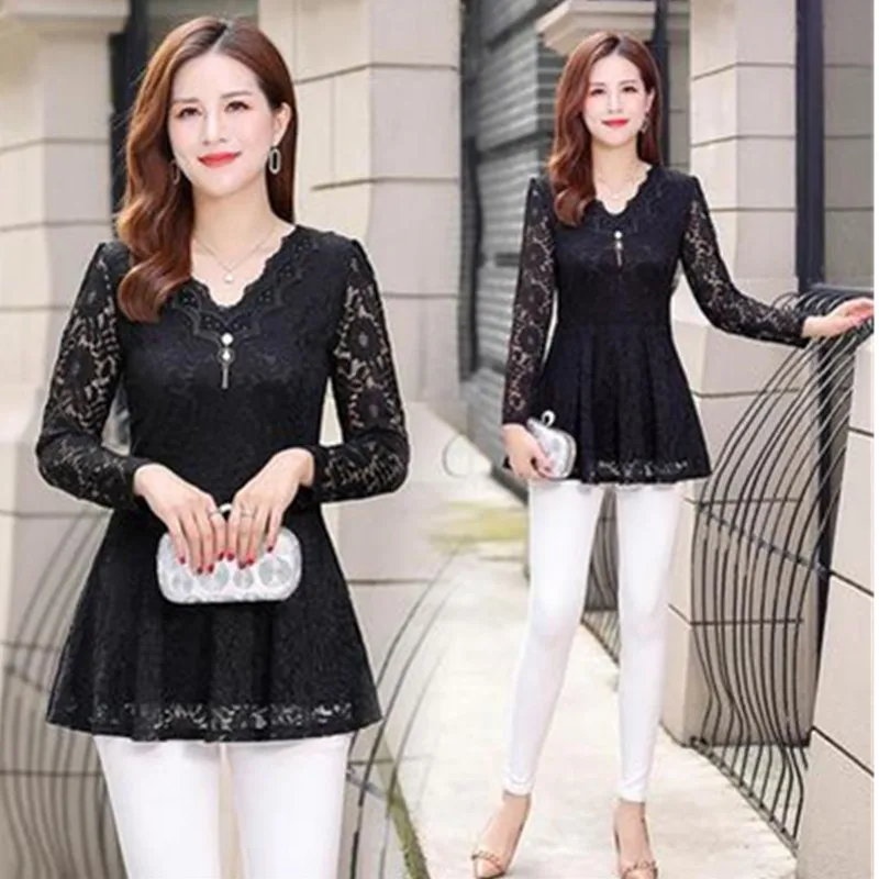 UHYTGF Womens Blouse Hollow Lace V-Neck Pullover Solid Wild Summer Shirt Elegant Female Clothing Chiffon 5XL Big Size Tops 2085