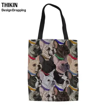 

THIKIN Cute Women French Bulldog Printing Folding Shopping Bags for Recycle Ladies Top-Handle Bag Feminine Travel Bolsa Sacola