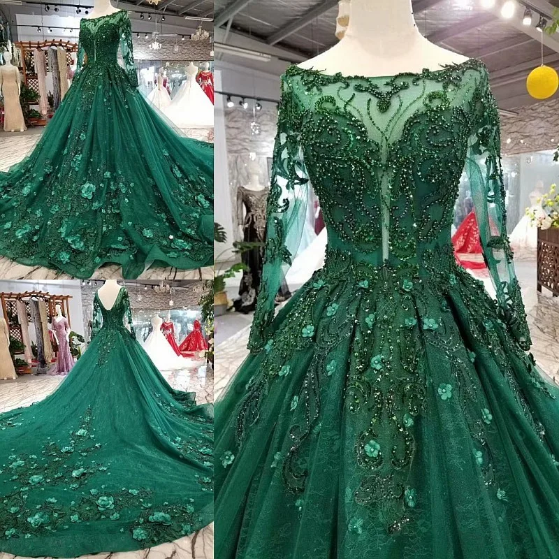 

Hot Korean Style Scoop Neck Matta Satin Full Sleeves A Line Green Wedding Dresses Lace Up Back With Beadings 3D Flower