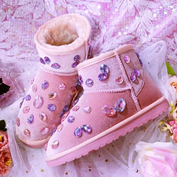 

Winter new custom handmade rhinestone platform short tube pink snow boots wild comfortable casual platform women's boots