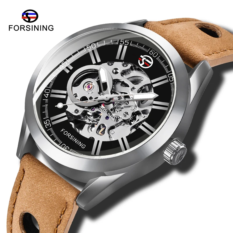 

Fashion FORSINING Men Mechanical Automatic Watches Genuine Leather Transparent Openwork Top Brand Luxury Sports Luminous Clock
