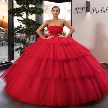 

2019 Luxury Red Tiered Ball Gown Formal Prom Dresses Beading Pleat Tulle Puffy Evening Gowns Customize Vestido De Casamento