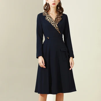 

2020 Fall New Style V-Neck Print Sexy Leopard Print Long Sleeve Pocket Slim Fit Temperament Mid-Length Dress Women'S Clothing