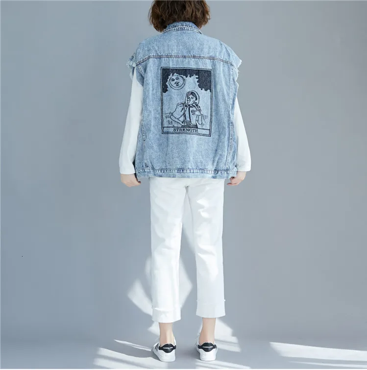 MEVGOHOT Woman Sleeveless Denim Embroidery Vest Plus Size Pockets Casual Loose Autumn Cartoon Embroideired Girl Vest HD2226