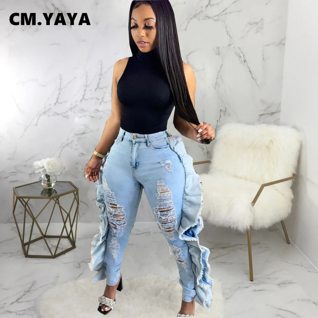 CM.YAYA Women Jeans Ripped Hole Side Ruffles Mid Waist Pockets Zipper  Stretchy Skinny Pencil Denim Pants Fashion Trousers Summer - AliExpress
