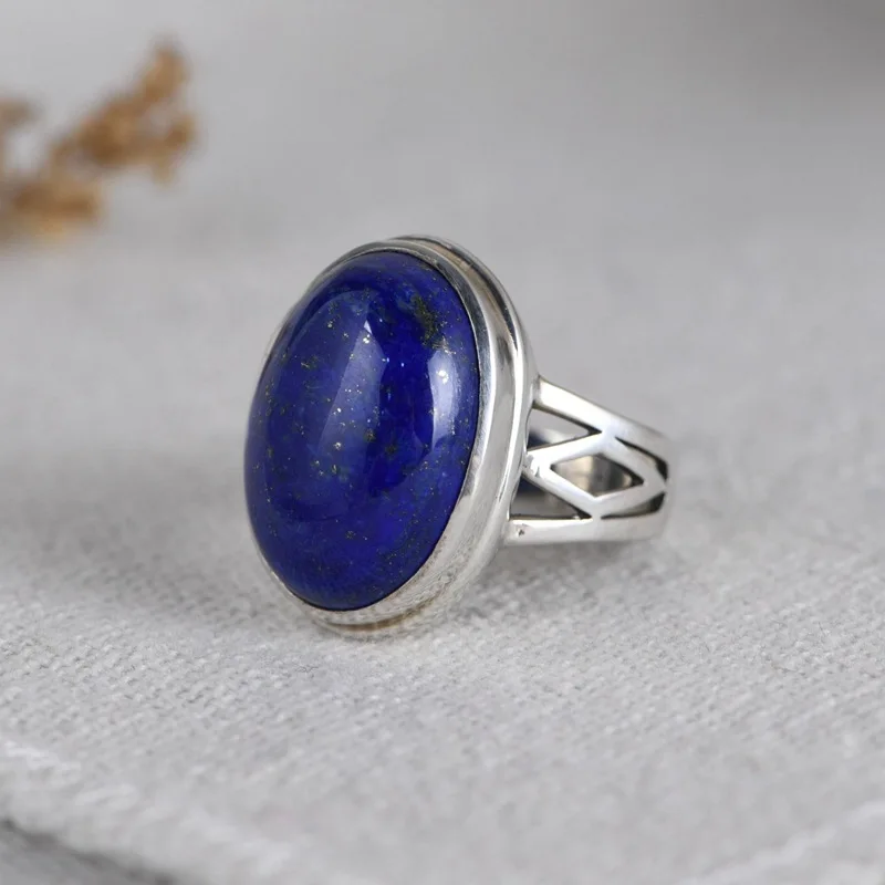 

FNJ 925 Silver Ring for Women Jewelry 100% Original Pure S925 Sterling Silver Rings Natural Lapis Lazuli