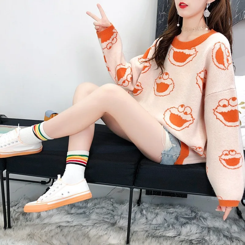 

Women Casual Cartoon Pattern O-neck Pullover Sweater Korean Style Loose Knitted Pullovers Autumn Winter Tops Clothing Q9041
