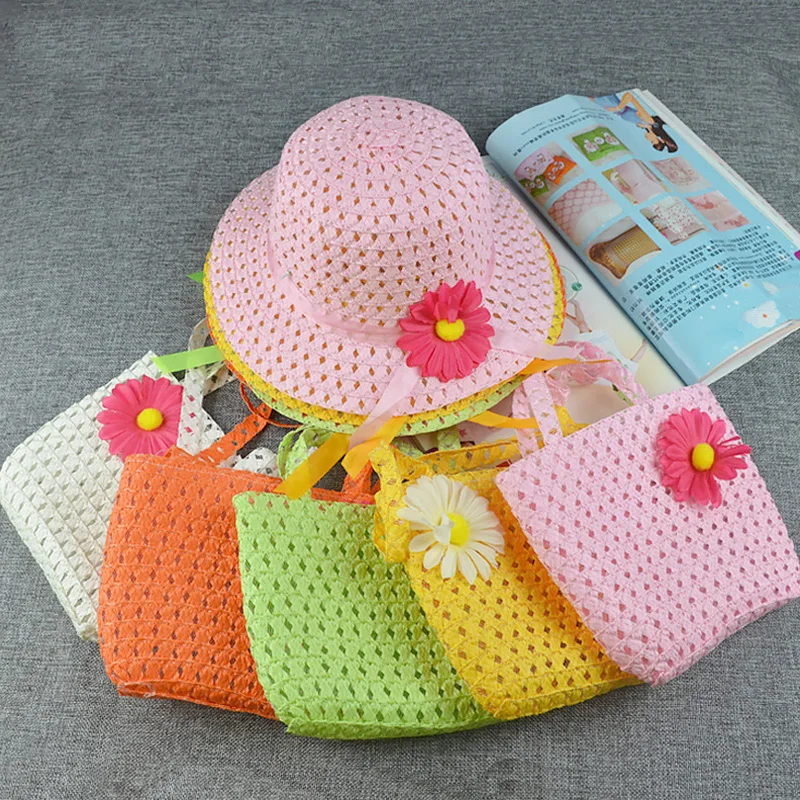 Summer Children Beach Flower Hats Set Wide Brim Straw Hat Beach Hat 3-7 Years Old
