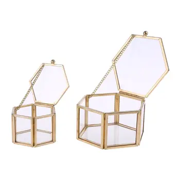 

Nordic Hexagon Transparent Glass Wedding Ring Box Eternal Flower Storage Decor