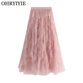 

OHRYIYIE Pink Irregular Tulle Skirts Women 2020 Spring Summer Long High Waist Patchwork Skirt Lady Maxi Skirts Jupe Longue Femme