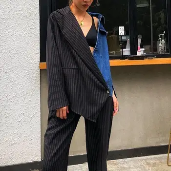 

2019 Fall Women Streetwear Hit Color Blazer Coat Notched Stripe Denim Patchwork Jacket Female New Asymmetric Blazer
