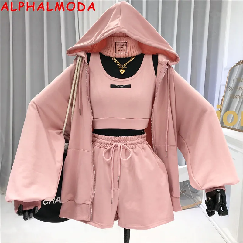 

ALPHALMODA Autumn New Casual Sports Suit Female 2020 Fall Slim Vest Shorts Hooded Jacket Fashion Three-Piece Set