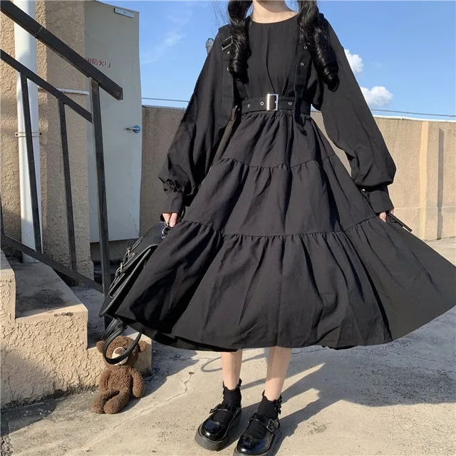 QWEEK Gothic Style Dress Women Harajuku Gothic Lolita Kawaii Dress Punk Cute Long Sleeve Black Midi Dress 2021 Emo Mall Goth 4
