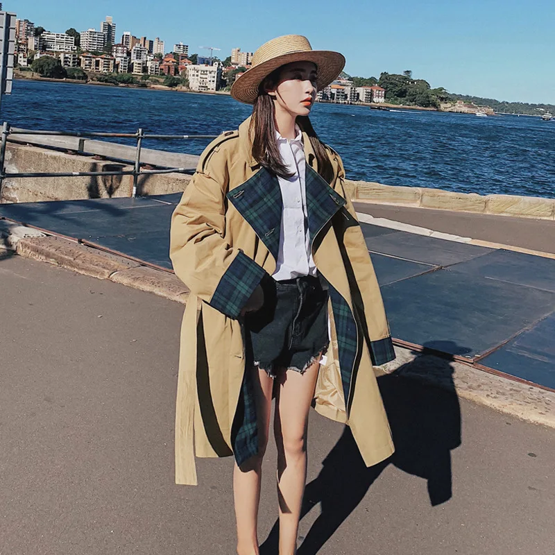 2019 Тренч оверсайз длинный Тренч корейское пальто для женщин бойфренд Тренч для женщин хаки клетчатая прошитая куртка