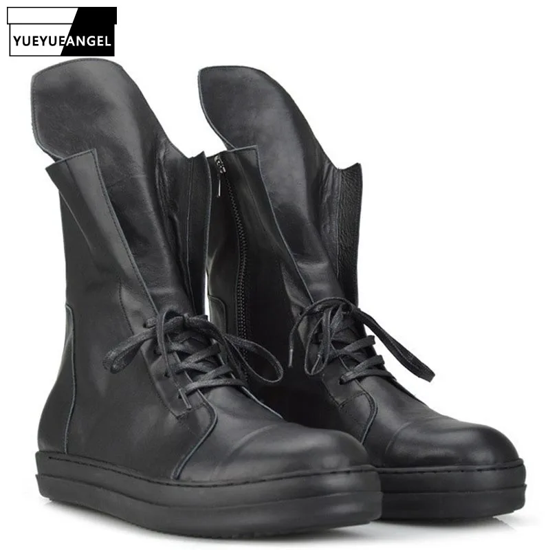 Vintage New Fashion Mid Heel Genuine Leather Winter Round Toe Men Ankle Boots Male Shoe European Lace Up Footwear Plus Size