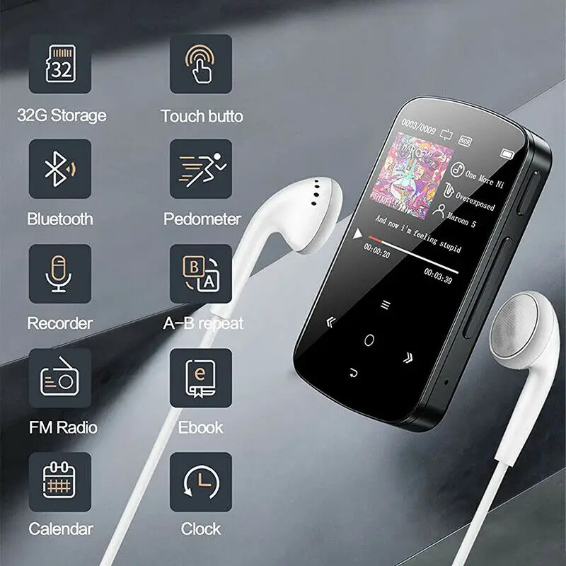 MP3 Player 32GB HiFi Lossless Sound Bluetooth Clip Music Voice Recorder FM Radio