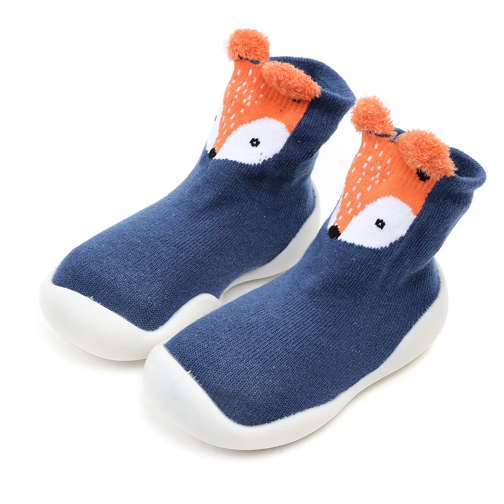 Детские носки для младенцев, детская обувь, нескользящая резиновая сетчатая обувь, детские теплые махровые толстые носки с мягкой подошвой для первых шагов, зима-осень - Цвет: Blue deer