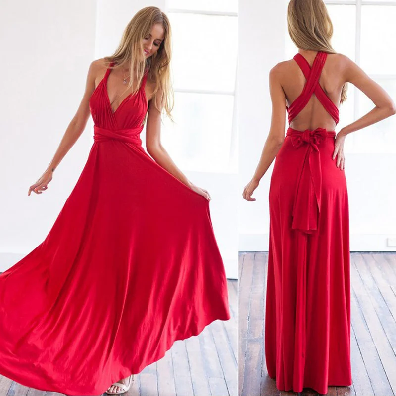 Сексуальное длинное платье подружки невесты с запахом, откидное Бохо красное Бандажное платье макси для выпускного вечера, Клубные вечерние платья - Цвет: Red