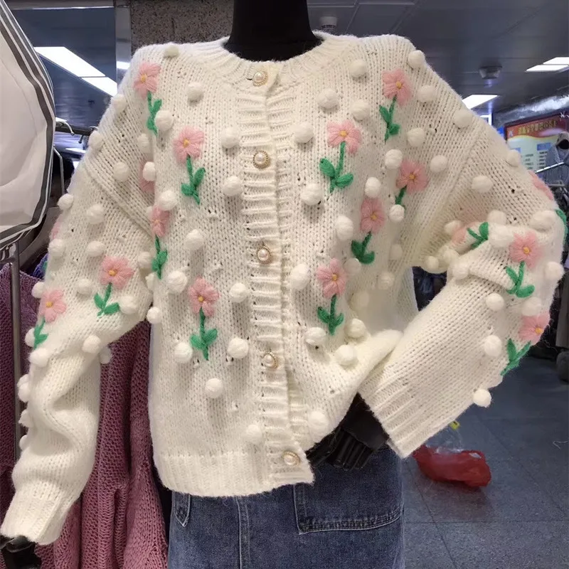 

Korean 2020 New For Autumn Winter Vintage Thickened Knitting Cardigan Sweet Embroidered Sweater Female Long-Sleeved Coat