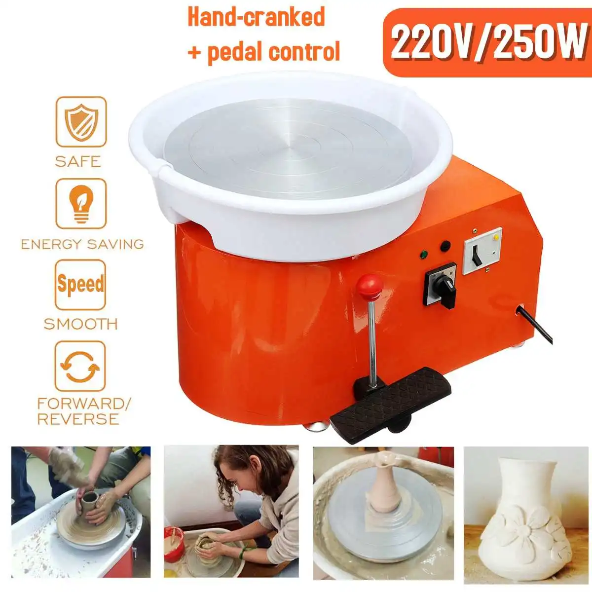 Pottery Wheel Machine 32cm 220V 250W Hand cranked and pedal control peda Ceramic Work Clay Art With Mobile Smooth Low Noise - Color: Orange