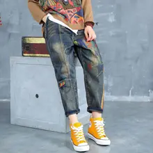 QPFJQD женские длинные джинсовые штаны со звездами Ретро лоскутные джинсы-шаровары женские хлопковые брюки с вышивкой для весны, осени и зимы