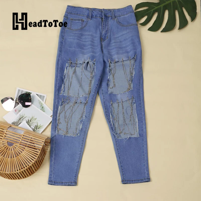 Cutout Studded Tassel Design Denim 