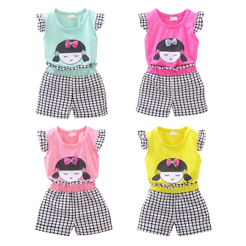 

Summer Baby Girls Flare Sleeve Cartoon Print Vest Tops + Plaid Shorts Suits Casual Outfits Sets 6M-3Y Children Clothes